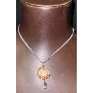 Vintage Lenore Solmo Turquoise and Crystal Pendant Necklace 15” Suede Ribbon